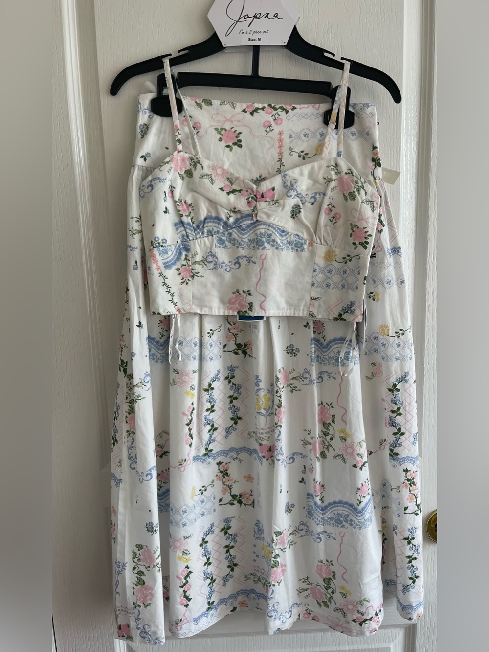 Floral Printed Womens' Two-Piece Dress Set - White with Pink & Blue